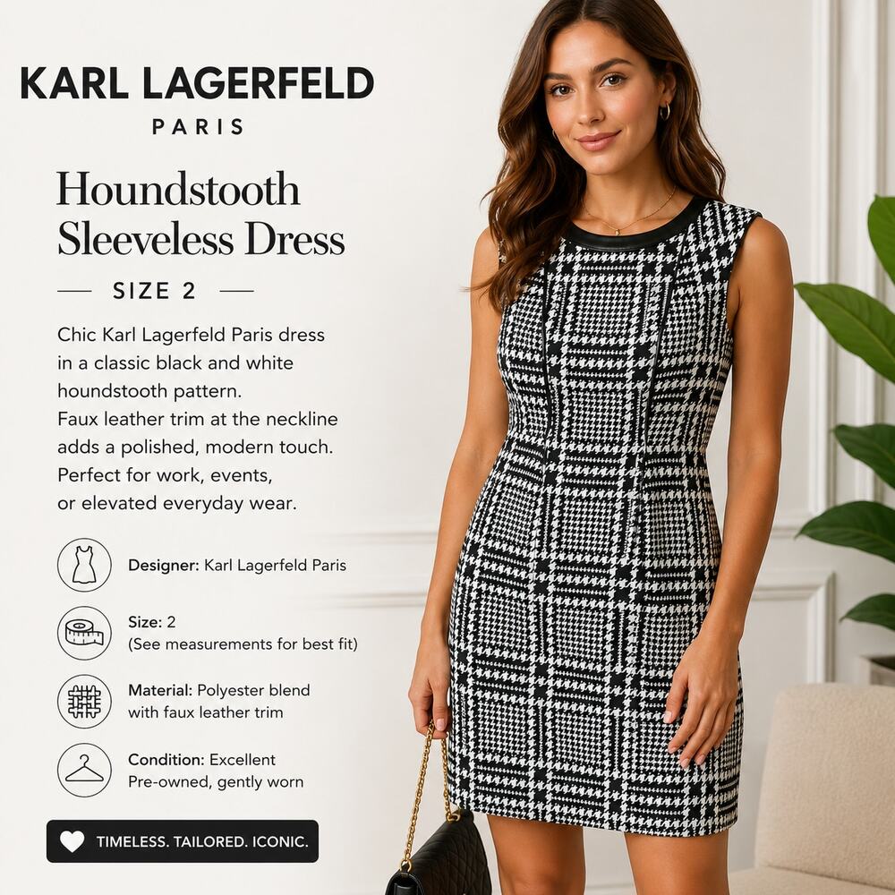 Karl Lagerfeld Paris Dress Size 2 Black White Houndstooth Sheath Sleeveless